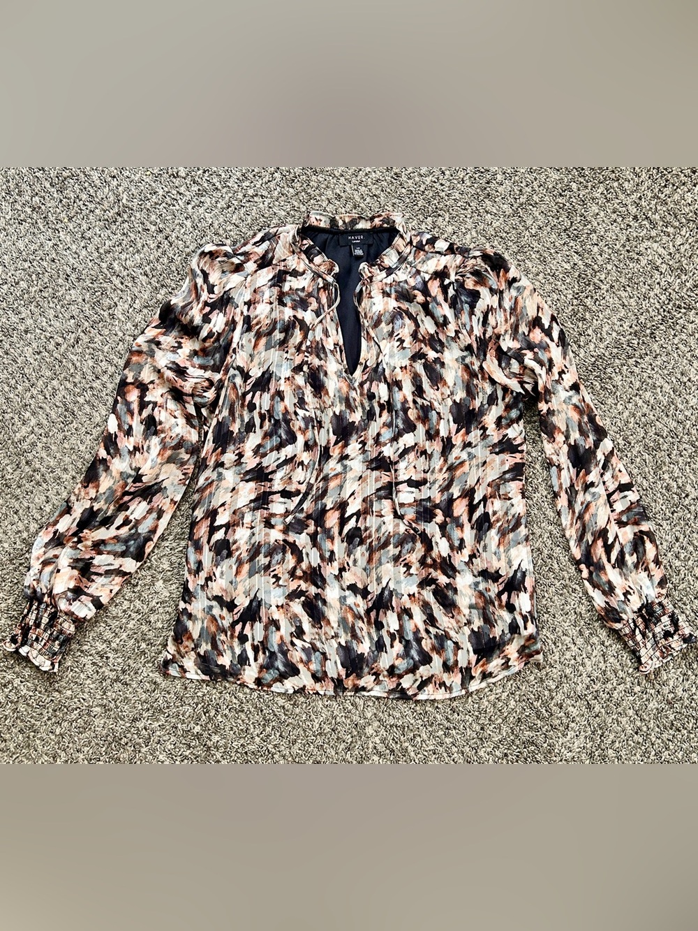 Haver Abstract Split-Neck Long Sleeve Blouse in Black, Cream & Blush